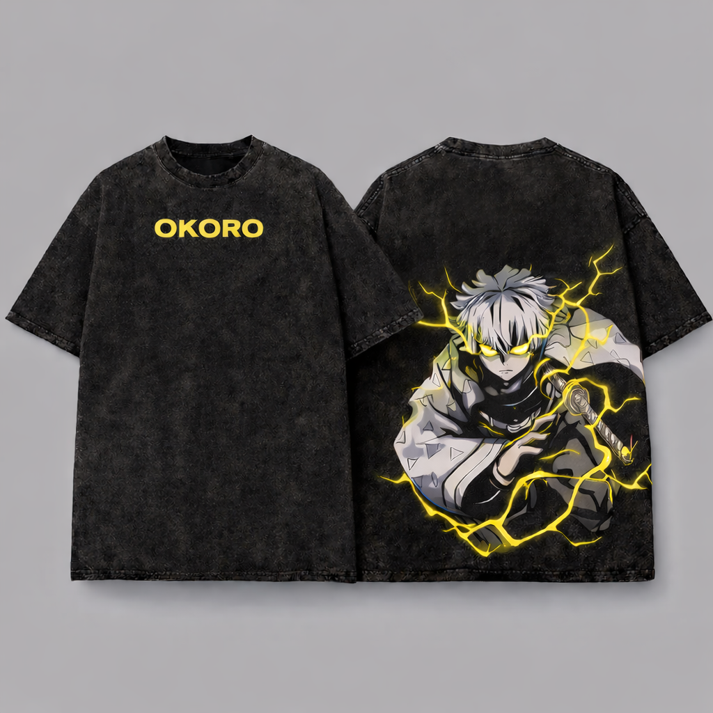 Zenitsu: "Thunderclap and Flash" Acid Wash Oversized Tee