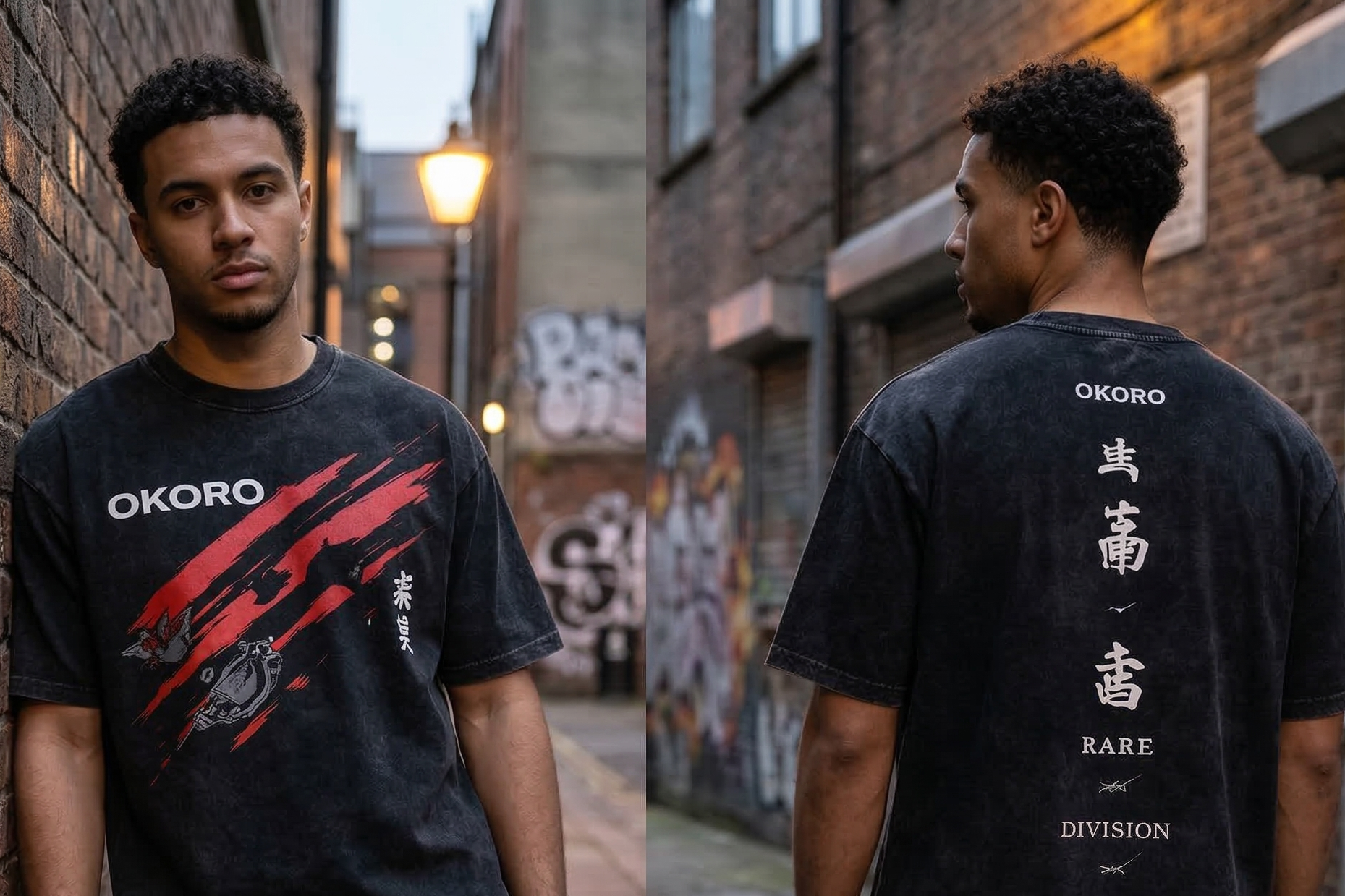 Two men wearing black t-shirts with visible branding of OKORO in an urban alleyway.