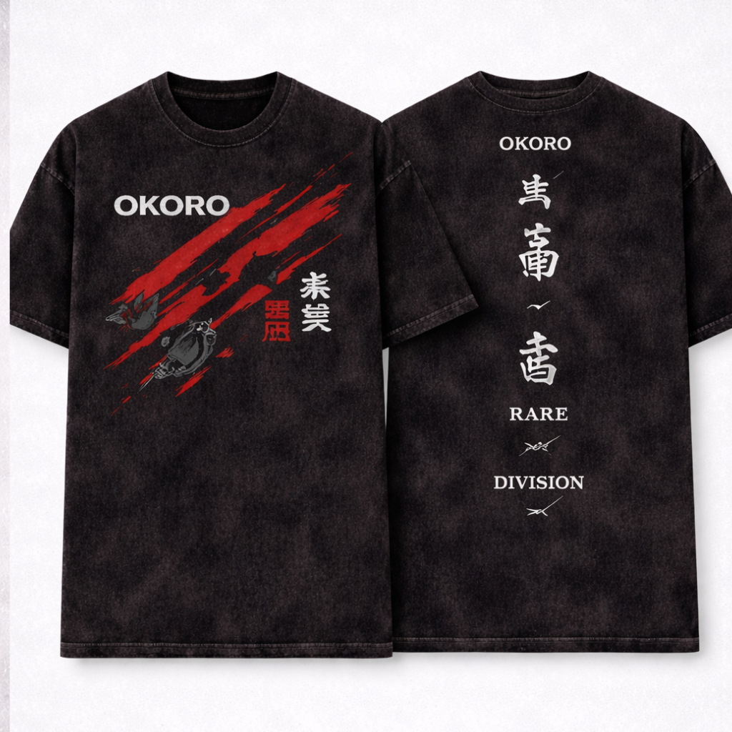 OKORO "Rare Division" Samurai Brushwork Oversized Acidwash Tee