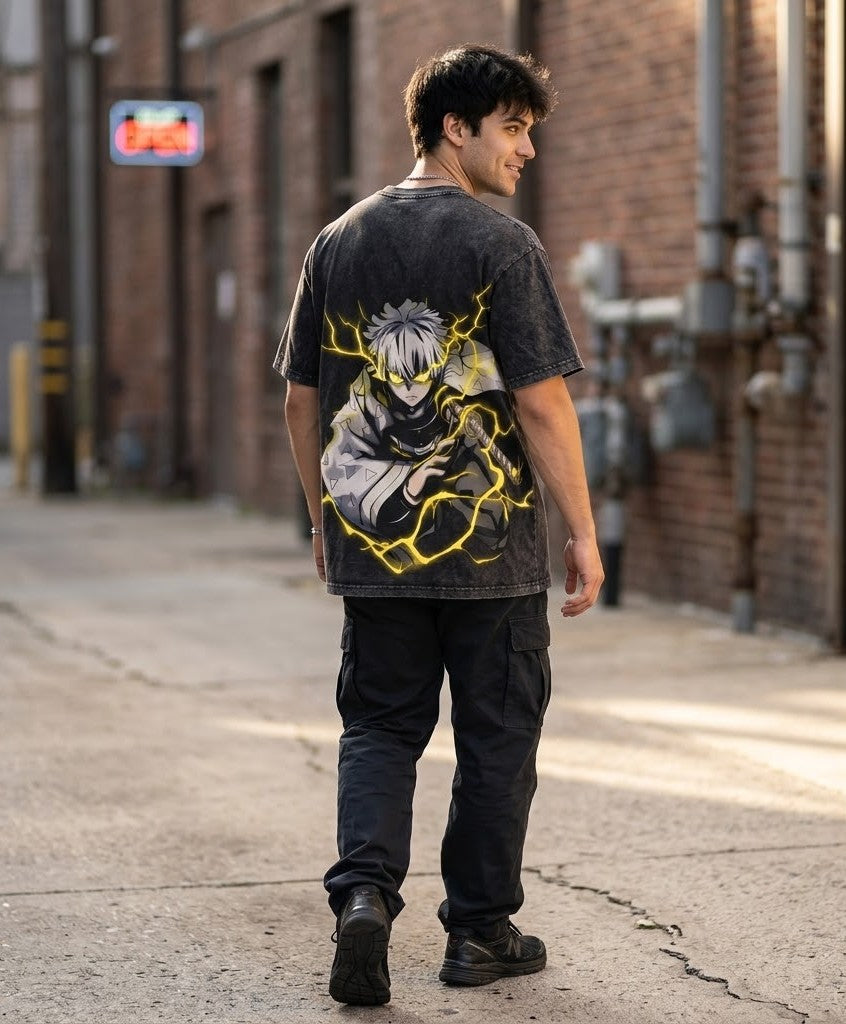 Zenitsu: "Thunderclap and Flash" Acid Wash Oversized Tee